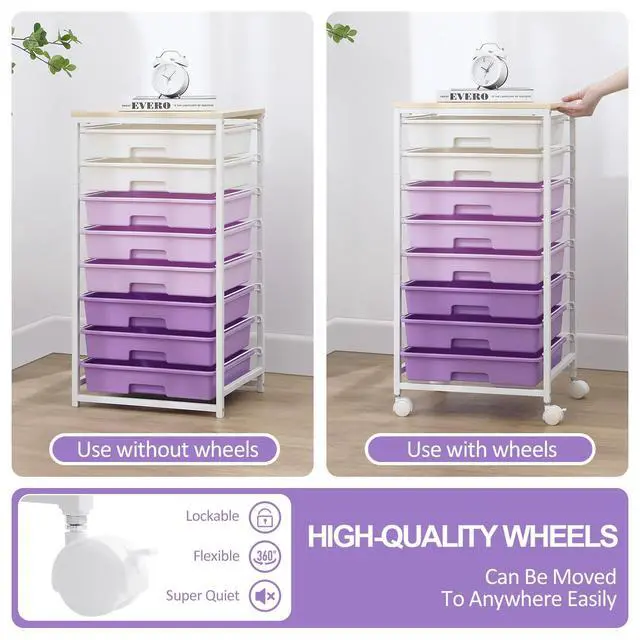 Alt view image 6 of 7 - Rolling Cart with Drawers,8 Drawers Storage Cart,Purple Craft Organizers and Storage with Wooden Tabletop for Living Room,Classroom,Bedroom,Bathroom,Dorm,Office