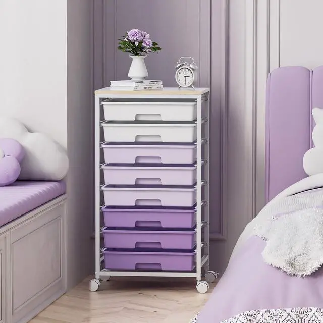 Alt view image 7 of 7 - Rolling Cart with Drawers,8 Drawers Storage Cart,Purple Craft Organizers and Storage with Wooden Tabletop for Living Room,Classroom,Bedroom,Bathroom,Dorm,Office
