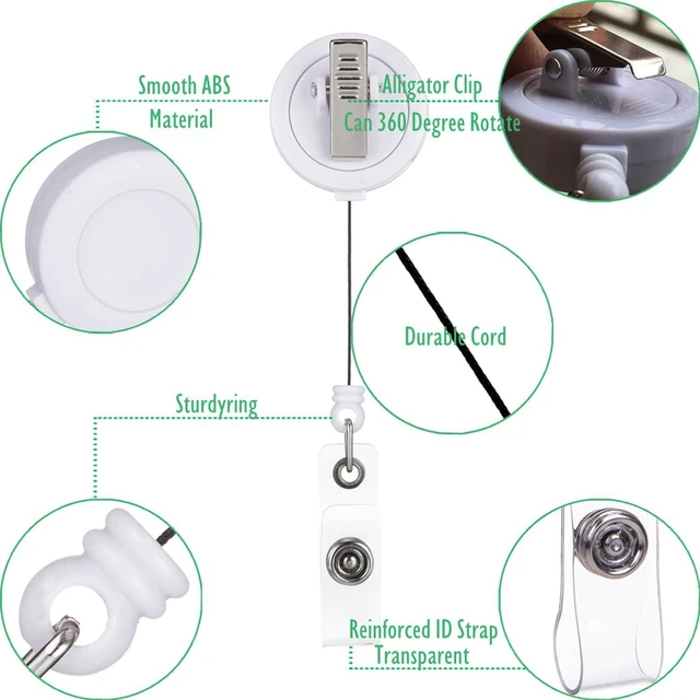 Alt view image 3 of 6 - Badge Reel, ID Badge Holder Retractable Clip, White, Bulk 25 Pack with 360° Swivel Alligator Clip, 30-Inch Nylon Cord, Simple, Lightweight, Name Tag Holder for Nurse, Office Worker, Teacher