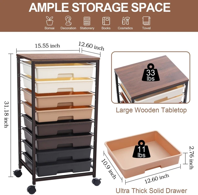 Alt view image 2 of 7 - Rolling Cart with Drawers, 8 Drawers Utility Cart, Brown Gradient Craft Organizers and Storage Cart with Wooden Top for Living Room,Classroom,Bedroom,Dorm,Home Office