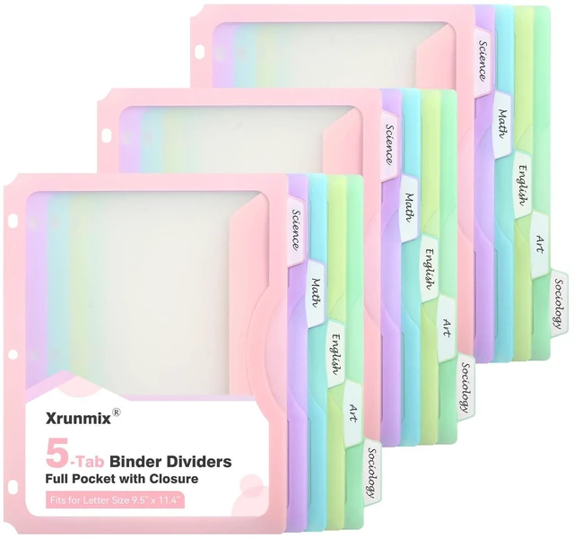 Main image of 15 Counts Dividers with One Full Pocket, 5-Tab Binder Dividers for 3 Ring Binder, Recipe Binder Dividers for US Letter Size 8.5 x 11', Index Dividers for Back to School, Pastel Color (3)