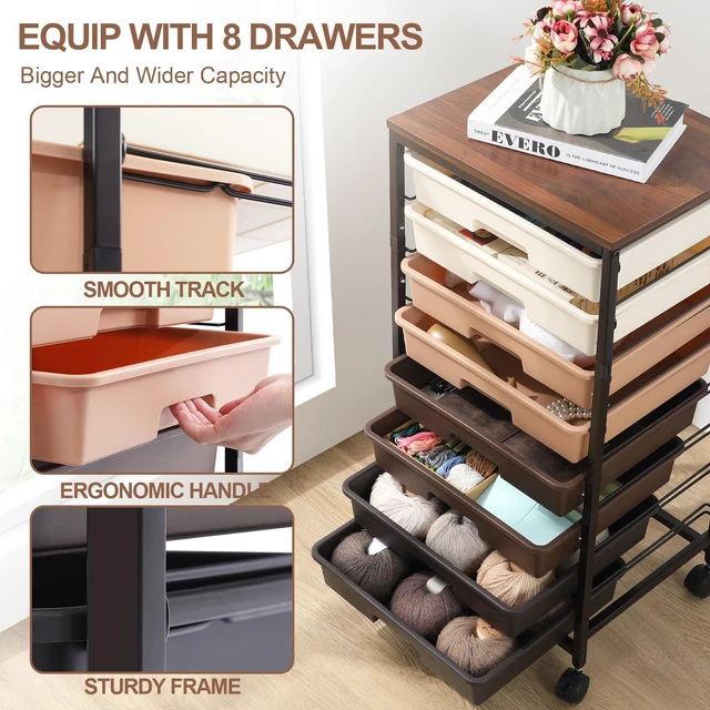 Alt view image 3 of 7 - Rolling Cart with Drawers, 8 Drawers Utility Cart, Brown Gradient Craft Organizers and Storage Cart with Wooden Top for Living Room,Classroom,Bedroom,Dorm,Home Office