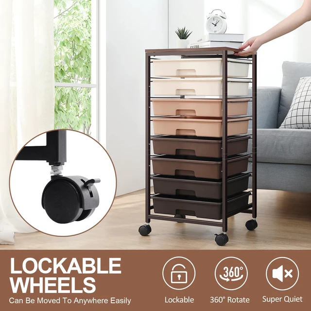 Alt view image 4 of 7 - Rolling Cart with Drawers, 8 Drawers Utility Cart, Brown Gradient Craft Organizers and Storage Cart with Wooden Top for Living Room,Classroom,Bedroom,Dorm,Home Office