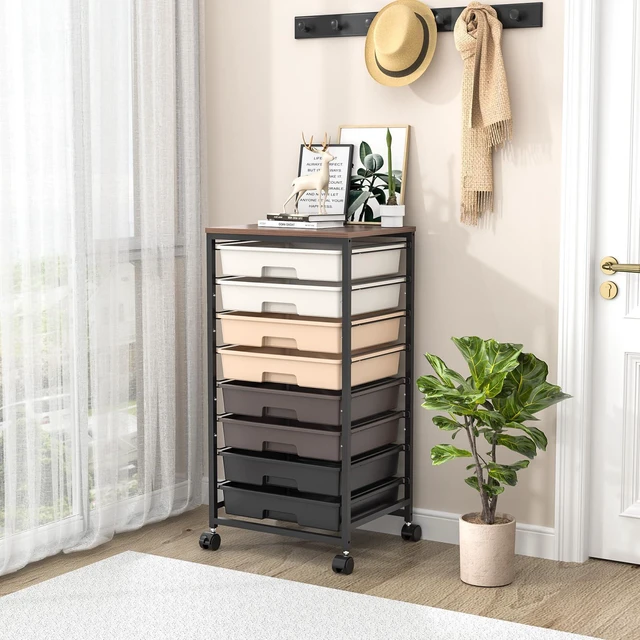 Alt view image 7 of 7 - Rolling Cart with Drawers, 8 Drawers Utility Cart, Brown Gradient Craft Organizers and Storage Cart with Wooden Top for Living Room,Classroom,Bedroom,Dorm,Home Office