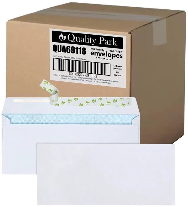 Main image of Security Envelopes Letter Size, #10 Envelopes Self Seal, 1500 Twelve boxes of 125 in one case. Peel the Redi-Strip and press - no moisture, no licking; security tint, no window