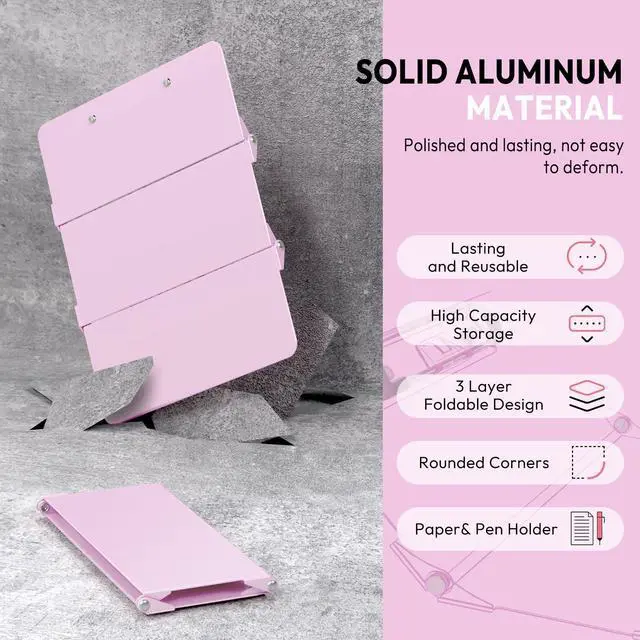 Alt view image 2 of 6 - Nursing Clipboard Foldable Without Edition Cheat Charts, 3 Layers Aluminum, Nurse Board w/Low Profile Clip&Pen Clip Pocket, Baby Pink