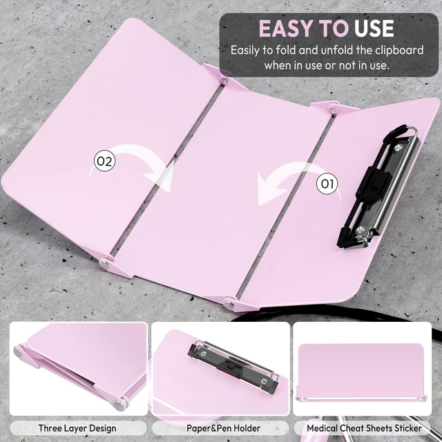 Alt view image 3 of 6 - Nursing Clipboard Foldable Without Edition Cheat Charts, 3 Layers Aluminum, Nurse Board w/Low Profile Clip&Pen Clip Pocket, Baby Pink
