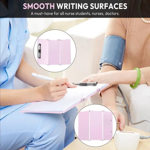 Alt view image 4 of 6 - Nursing Clipboard Foldable Without Edition Cheat Charts, 3 Layers Aluminum, Nurse Board w/Low Profile Clip&Pen Clip Pocket, Baby Pink