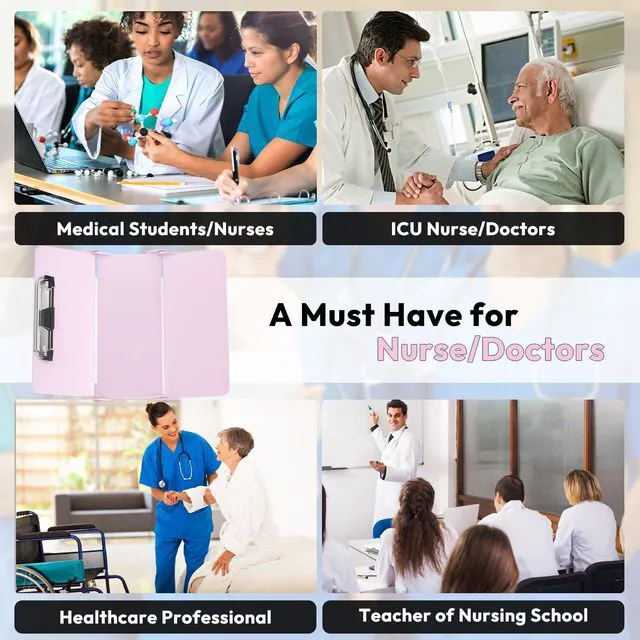 Alt view image 6 of 6 - Nursing Clipboard Foldable Without Edition Cheat Charts, 3 Layers Aluminum, Nurse Board w/Low Profile Clip&Pen Clip Pocket, Baby Pink