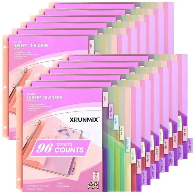Main image of Bulk 12 Packs 8-Tab Binder Dividers with 2 Pockets, 96 Counts Binder Dividers Index for 3 Ring Binders, 8 Pastel Colors, US Letter Size (12)