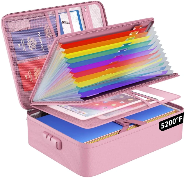 Main image of Fireproof File Organizer Bag with 13 Pockets Accordion File Folder 5200 Document Organizer Box with Lock & Labels, Multi-Layer, Portable Home Safe Storage for Important Documents, Pink
