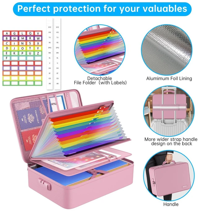 Alt view image 4 of 7 - Fireproof File Organizer Bag with 13 Pockets Accordion File Folder 5200 Document Organizer Box with Lock & Labels, Multi-Layer, Portable Home Safe Storage for Important Documents, Pink