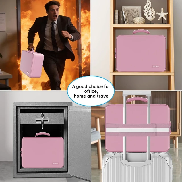 Alt view image 6 of 7 - Fireproof File Organizer Bag with 13 Pockets Accordion File Folder 5200 Document Organizer Box with Lock & Labels, Multi-Layer, Portable Home Safe Storage for Important Documents, Pink