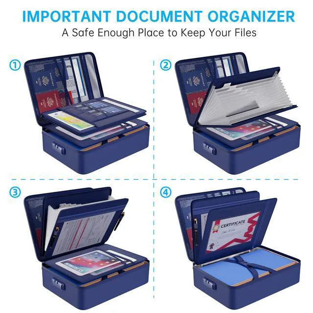 Alt view image 3 of 7 - Fireproof Document Organizer Bag with Lock Accordion File Folder 5200 Multi-Layer File Organizer Box with Lock,Heat Insulated, Water Resistant, Safe Storage for Home Office Travel, Blue