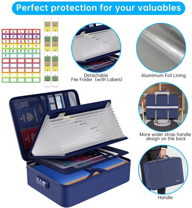 Alt view image 5 of 7 - Fireproof Document Organizer Bag with Lock Accordion File Folder 5200 Multi-Layer File Organizer Box with Lock,Heat Insulated, Water Resistant, Safe Storage for Home Office Travel, Blue