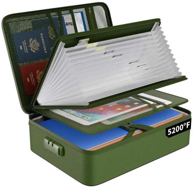 Main image of Fireproof Document Organizer Bag with Lock Accordion File Folder 5200 Multi-Layer File Organizer Box with Lock,Heat Insulated, Water Resistant, Safe Storage for Home Office Travel,Green