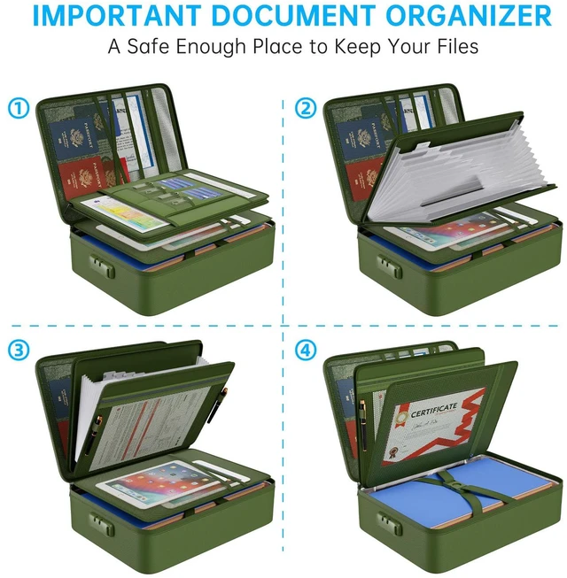 Alt view image 3 of 7 - Fireproof Document Organizer Bag with Lock Accordion File Folder 5200 Multi-Layer File Organizer Box with Lock,Heat Insulated, Water Resistant, Safe Storage for Home Office Travel,Green