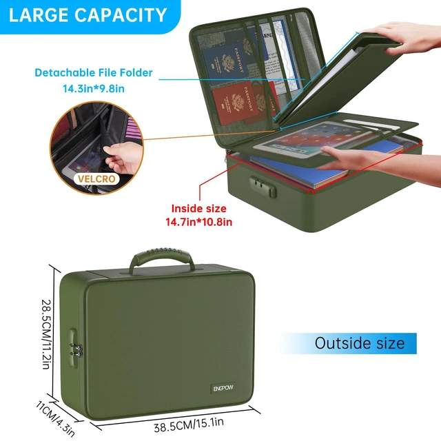 Alt view image 4 of 7 - Fireproof Document Organizer Bag with Lock Accordion File Folder 5200 Multi-Layer File Organizer Box with Lock,Heat Insulated, Water Resistant, Safe Storage for Home Office Travel,Green