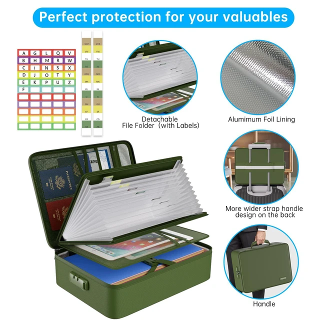 Alt view image 5 of 7 - Fireproof Document Organizer Bag with Lock Accordion File Folder 5200 Multi-Layer File Organizer Box with Lock,Heat Insulated, Water Resistant, Safe Storage for Home Office Travel,Green