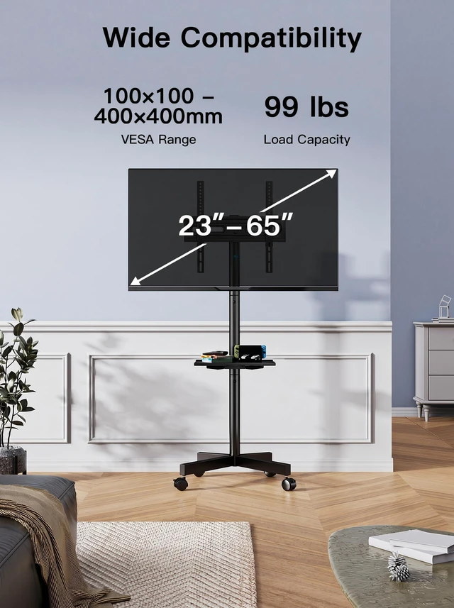 Alt view image 3 of 7 - Rolling TV Stand on Wheels for 23-65 Inch TVs,Tilt Mobile TV Cart Holds up to 99 lbs with Adjustable Height Shelf, Outdoor TV Stand for Bedroom Max VESA 400x400mm PSTVMC04