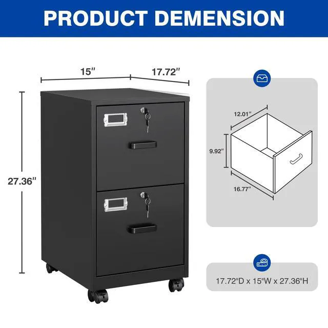 Alt view image 3 of 7 - 2 Drawers File Cabinet with Lock Metal Vertical File Cabient with Wheels Mobile File Cabinet for Office Home Legal/Letter/a4 Size Require Assembly