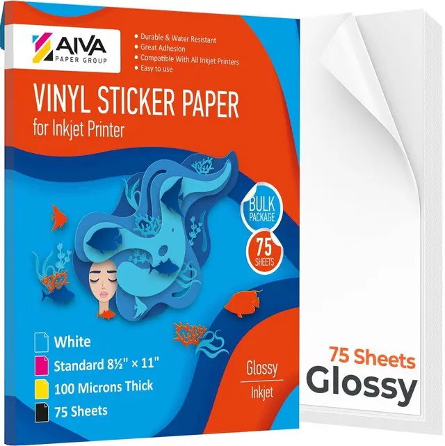 Main image of Printable Vinyl Sticker Paper - Waterproof Decal Paper for Inkjet Printer - 75 Self-Adhesive Sheets - Glossy White - Standard Letter Size 8.5"x11"