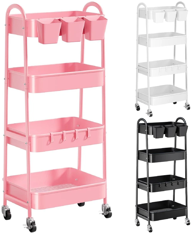 Main image of 4 Tier Rolling Cart Metal with Lockable Wheels, Four Tiered Utility Carts Pink Storage Organizer Trolley Cart on Wheels for Bathroom, Kitchen, Art, Craft, Baby Diaper Caddy, Snack, Makeup, Nail, Lash