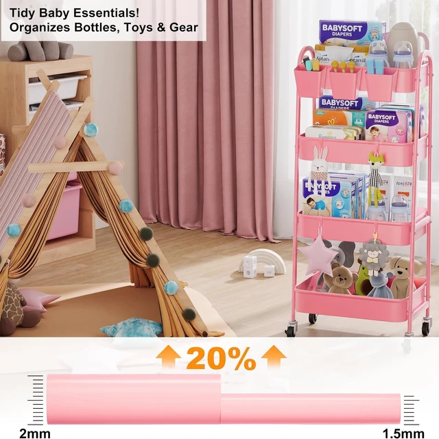 Alt view image 2 of 7 - 4 Tier Rolling Cart Metal with Lockable Wheels, Four Tiered Utility Carts Pink Storage Organizer Trolley Cart on Wheels for Bathroom, Kitchen, Art, Craft, Baby Diaper Caddy, Snack, Makeup, Nail, Lash