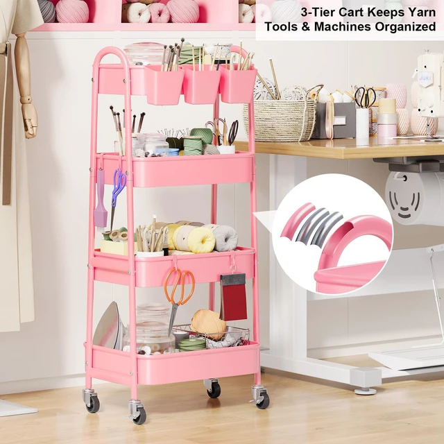 Alt view image 4 of 7 - 4 Tier Rolling Cart Metal with Lockable Wheels, Four Tiered Utility Carts Pink Storage Organizer Trolley Cart on Wheels for Bathroom, Kitchen, Art, Craft, Baby Diaper Caddy, Snack, Makeup, Nail, Lash