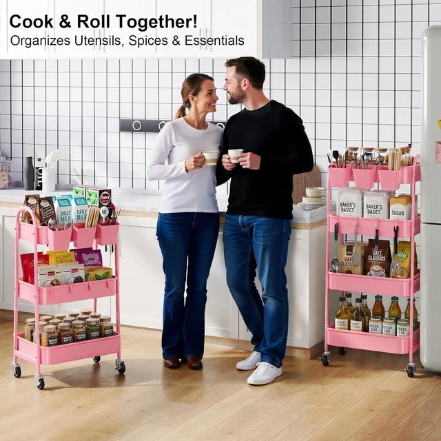 Alt view image 7 of 7 - 4 Tier Rolling Cart Metal with Lockable Wheels, Four Tiered Utility Carts Pink Storage Organizer Trolley Cart on Wheels for Bathroom, Kitchen, Art, Craft, Baby Diaper Caddy, Snack, Makeup, Nail, Lash