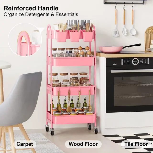Alt view image 5 of 7 - 4 Tier Rolling Cart Metal with Lockable Wheels, Four Tiered Utility Carts Pink Storage Organizer Trolley Cart on Wheels for Bathroom, Kitchen, Art, Craft, Baby Diaper Caddy, Snack, Makeup, Nail, Lash