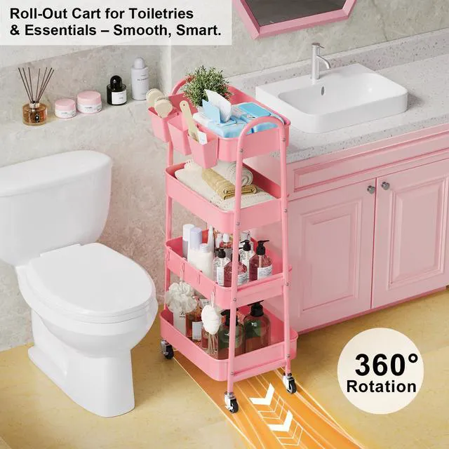 Alt view image 6 of 7 - 4 Tier Rolling Cart Metal with Lockable Wheels, Four Tiered Utility Carts Pink Storage Organizer Trolley Cart on Wheels for Bathroom, Kitchen, Art, Craft, Baby Diaper Caddy, Snack, Makeup, Nail, Lash