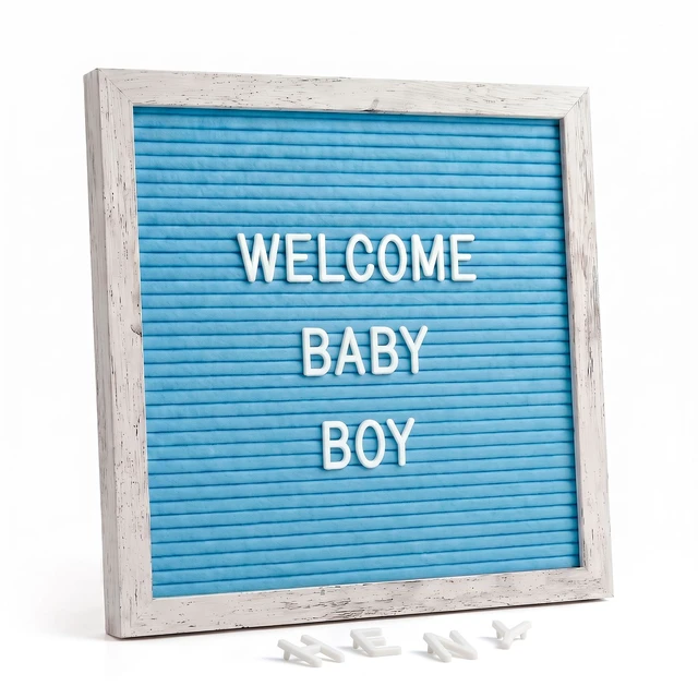 Main image of Rustic Blue Felt Letter Board 10x10 Inch for Baby Boy Announcements 336 letters, numbers and symbols with a tabletop stand and wall hanger for newborn photos, milestones and birthdays