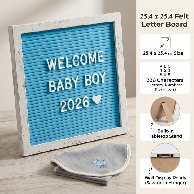 Alt view image 5 of 7 - Rustic Blue Felt Letter Board 10x10 Inch for Baby Boy Announcements 336 letters, numbers and symbols with a tabletop stand and wall hanger for newborn photos, milestones and birthdays