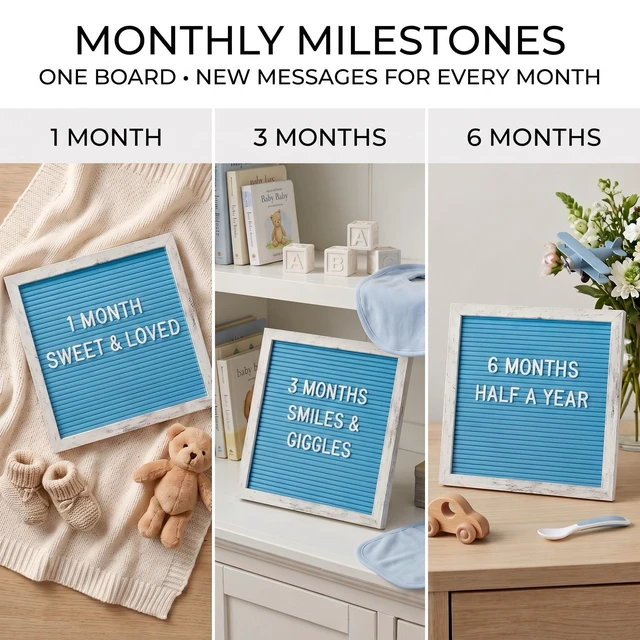 Alt view image 4 of 7 - Rustic Blue Felt Letter Board 10x10 Inch for Baby Boy Announcements 336 letters, numbers and symbols with a tabletop stand and wall hanger for newborn photos, milestones and birthdays