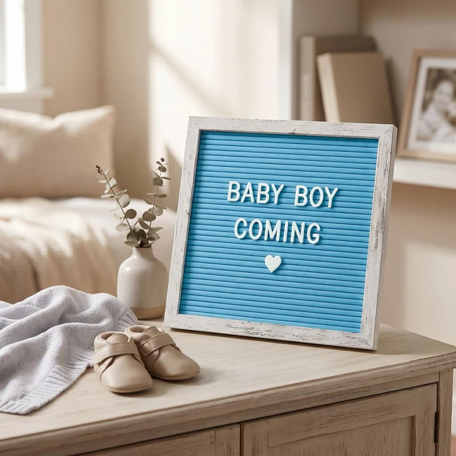Alt view image 6 of 7 - Rustic Blue Felt Letter Board 10x10 Inch for Baby Boy Announcements 336 letters, numbers and symbols with a tabletop stand and wall hanger for newborn photos, milestones and birthdays