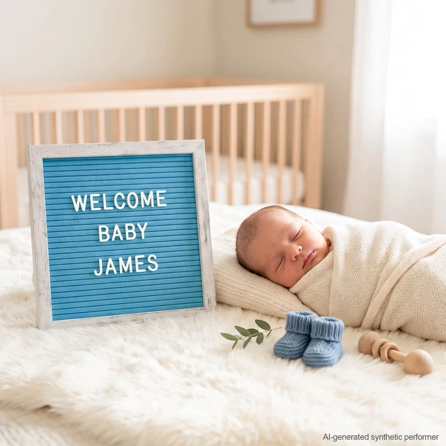 Alt view image 7 of 7 - Rustic Blue Felt Letter Board 10x10 Inch for Baby Boy Announcements 336 letters, numbers and symbols with a tabletop stand and wall hanger for newborn photos, milestones and birthdays