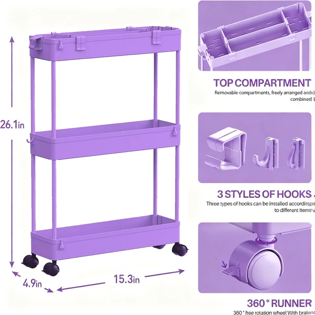 Alt view image 2 of 7 - 2-piece Set Slim Storage Cart 3 Tier,Bathroom Organizer Rolling Utility,Mobile Shelving Unit Slide Out for Office, Kitchen, Laundry Room & Narrow Places