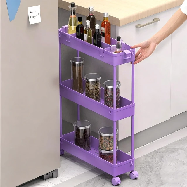 Alt view image 3 of 7 - 2-piece Set Slim Storage Cart 3 Tier,Bathroom Organizer Rolling Utility,Mobile Shelving Unit Slide Out for Office, Kitchen, Laundry Room & Narrow Places