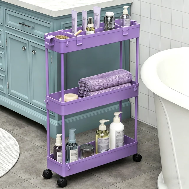 Alt view image 4 of 7 - 2-piece Set Slim Storage Cart 3 Tier,Bathroom Organizer Rolling Utility,Mobile Shelving Unit Slide Out for Office, Kitchen, Laundry Room & Narrow Places