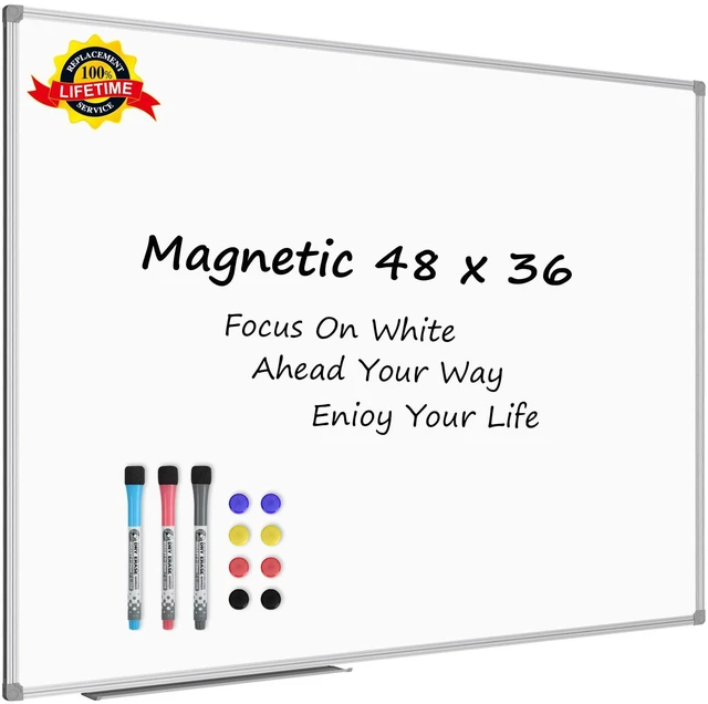 Main image of White Board Dry Erase Board 48 x 36 Inch, Magnetic Whiteboard 4 x 3 Silver Aluminium Frame, Set Including 1 Detachable Aluminum Marker Tray, 3 Dry Erase Markers, 8 Magnets