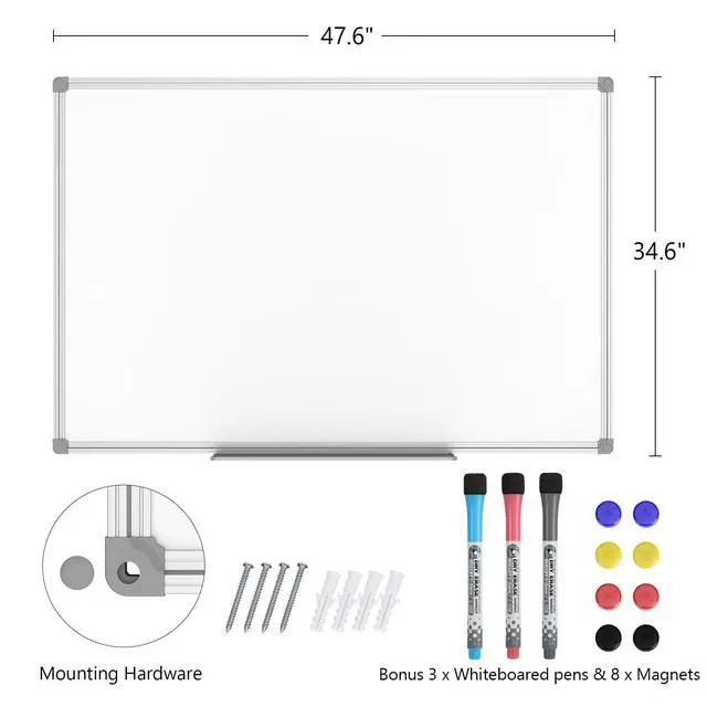 Alt view image 2 of 7 - White Board Dry Erase Board 48 x 36 Inch, Magnetic Whiteboard 4 x 3 Silver Aluminium Frame, Set Including 1 Detachable Aluminum Marker Tray, 3 Dry Erase Markers, 8 Magnets