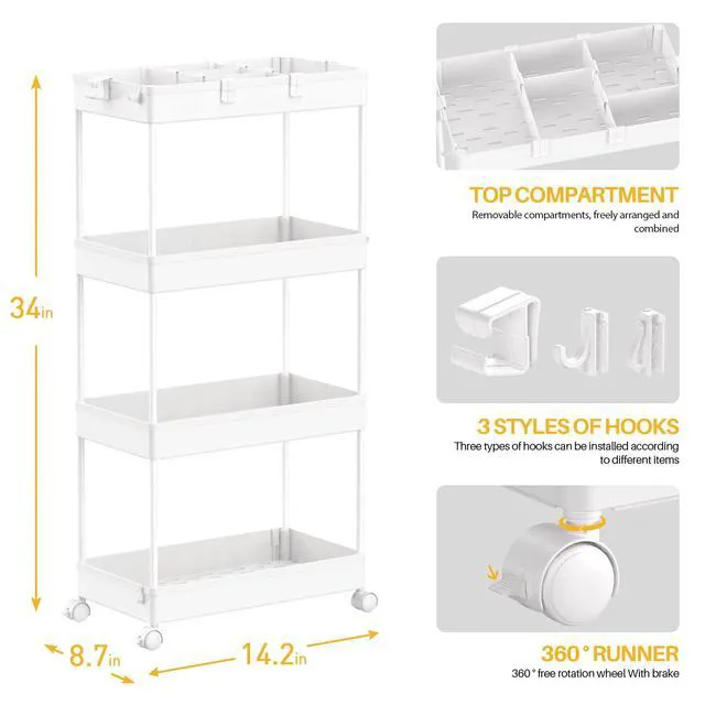 Alt view image 3 of 7 - 4 Tier Rolling Cart with Wheels, Storage Craft Art Trolley Organizer Serving, 3 Hanging Baskets Easy Assembly, for Office, Living Room, Kitchen