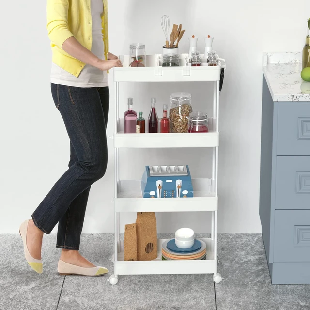 Alt view image 5 of 7 - 4 Tier Rolling Cart with Wheels, Storage Craft Art Trolley Organizer Serving, 3 Hanging Baskets Easy Assembly, for Office, Living Room, Kitchen