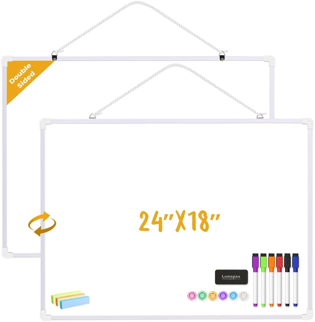 Main image of Dry Erase Board for Wall, 24" x 18" Double-Sided Hanging Magnetic Whiteboard with 6 Markers, 6 Magnets and 3 Mini Sticky Notes, Large White Board for Kids, School, Home, Office