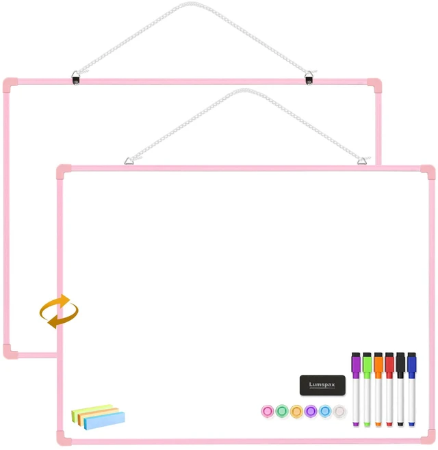 Main image of Dry Erase Board for Wall, 24" x 18" Double-Sided Hanging Magnetic Whiteboard with 6 Markers, 6 Magnets and 3 Mini Sticky Notes, Large White Board for School, Home, Office, Pink Frame