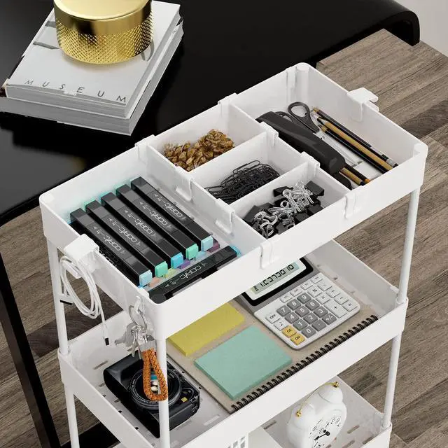 Alt view image 6 of 7 - 4 Tier Rolling Cart with Wheels, Storage Craft Art Trolley Organizer Serving, 3 Hanging Baskets Easy Assembly, for Office, Living Room, Kitchen