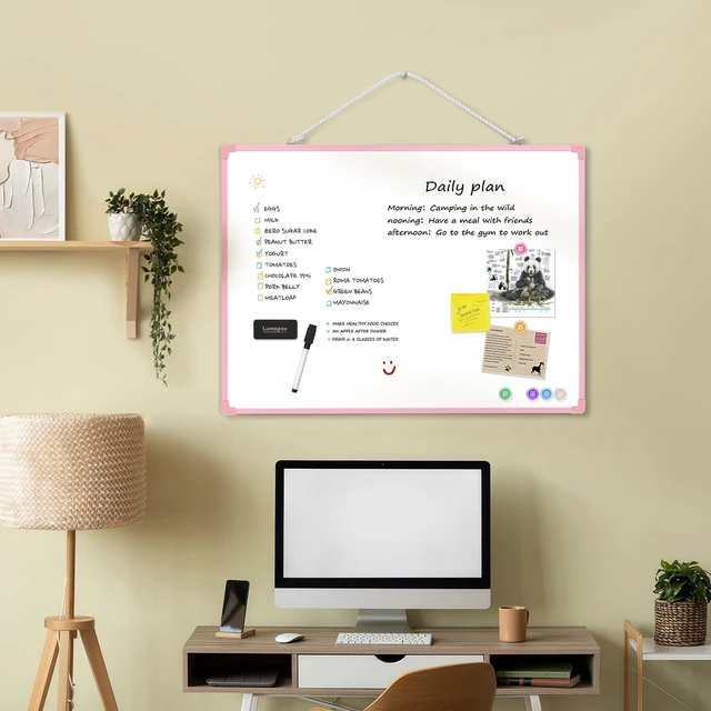 Alt view image 2 of 7 - Dry Erase Board for Wall, 24" x 18" Double-Sided Hanging Magnetic Whiteboard with 6 Markers, 6 Magnets and 3 Mini Sticky Notes, Large White Board for School, Home, Office, Pink Frame