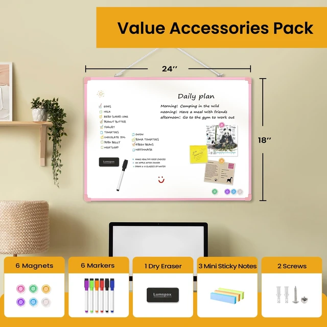 Alt view image 3 of 7 - Dry Erase Board for Wall, 24" x 18" Double-Sided Hanging Magnetic Whiteboard with 6 Markers, 6 Magnets and 3 Mini Sticky Notes, Large White Board for School, Home, Office, Pink Frame