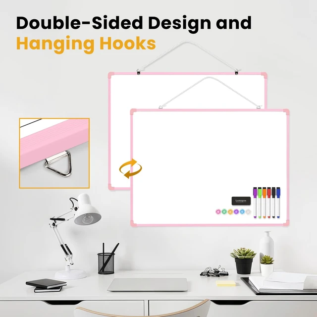 Alt view image 4 of 7 - Dry Erase Board for Wall, 24" x 18" Double-Sided Hanging Magnetic Whiteboard with 6 Markers, 6 Magnets and 3 Mini Sticky Notes, Large White Board for School, Home, Office, Pink Frame